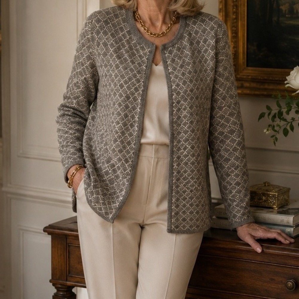 Cocogio Italy Women Taupe Wool Blend Geo Diamond Open Front Cardigan Old Money M